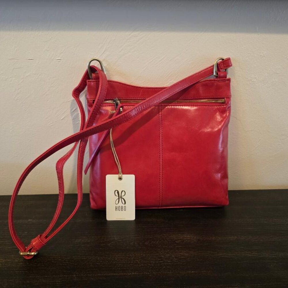 NWT $228 HOBO Cambel Crossbody Bag, Polished Leather, Hibiscus Red